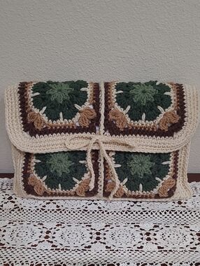Artisan Made Crocheted African Flower Square Bible Book Bag in Green and Cream
